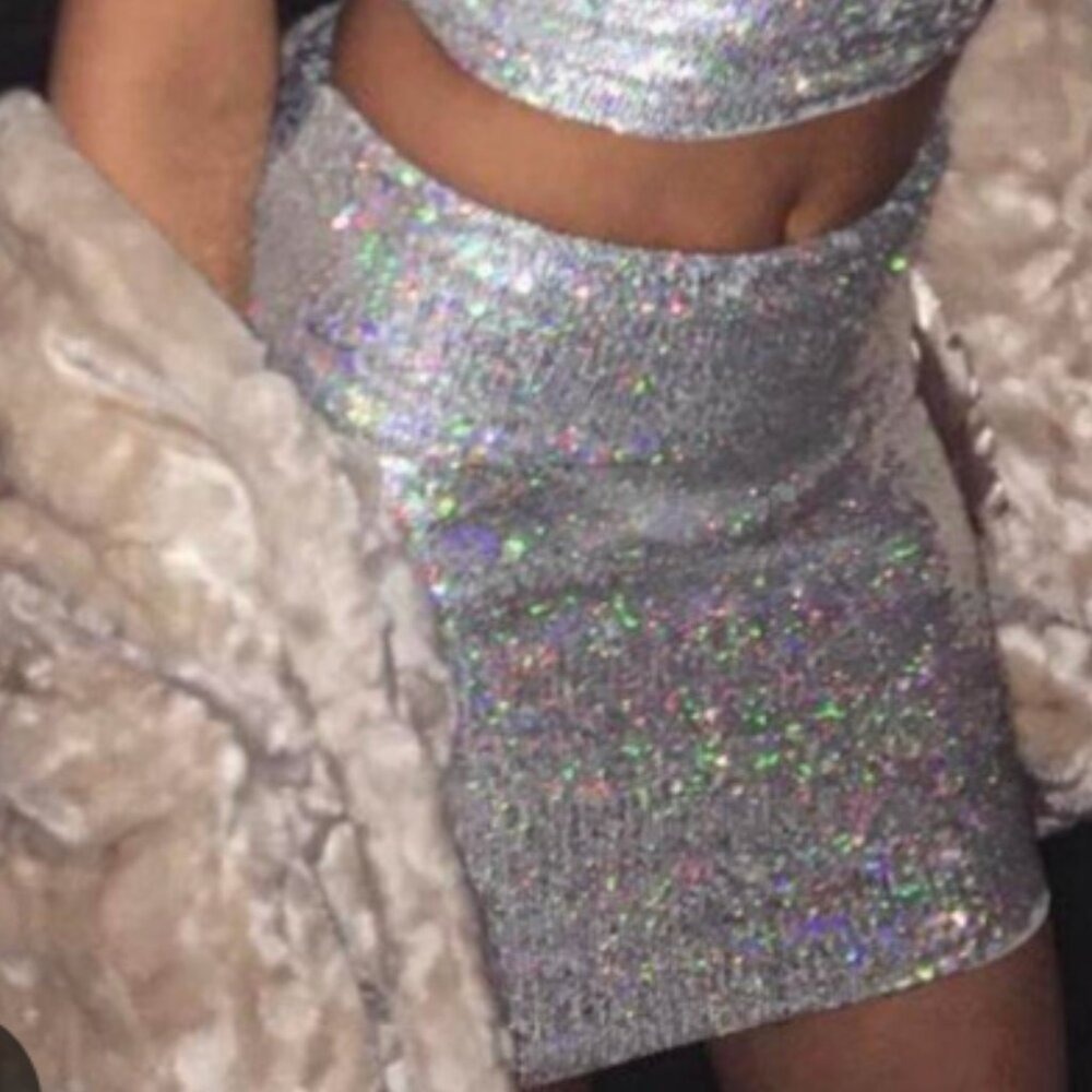 Sparkle Holographic Sequin Mini‎ Skirt Silver Glam Night Out Party